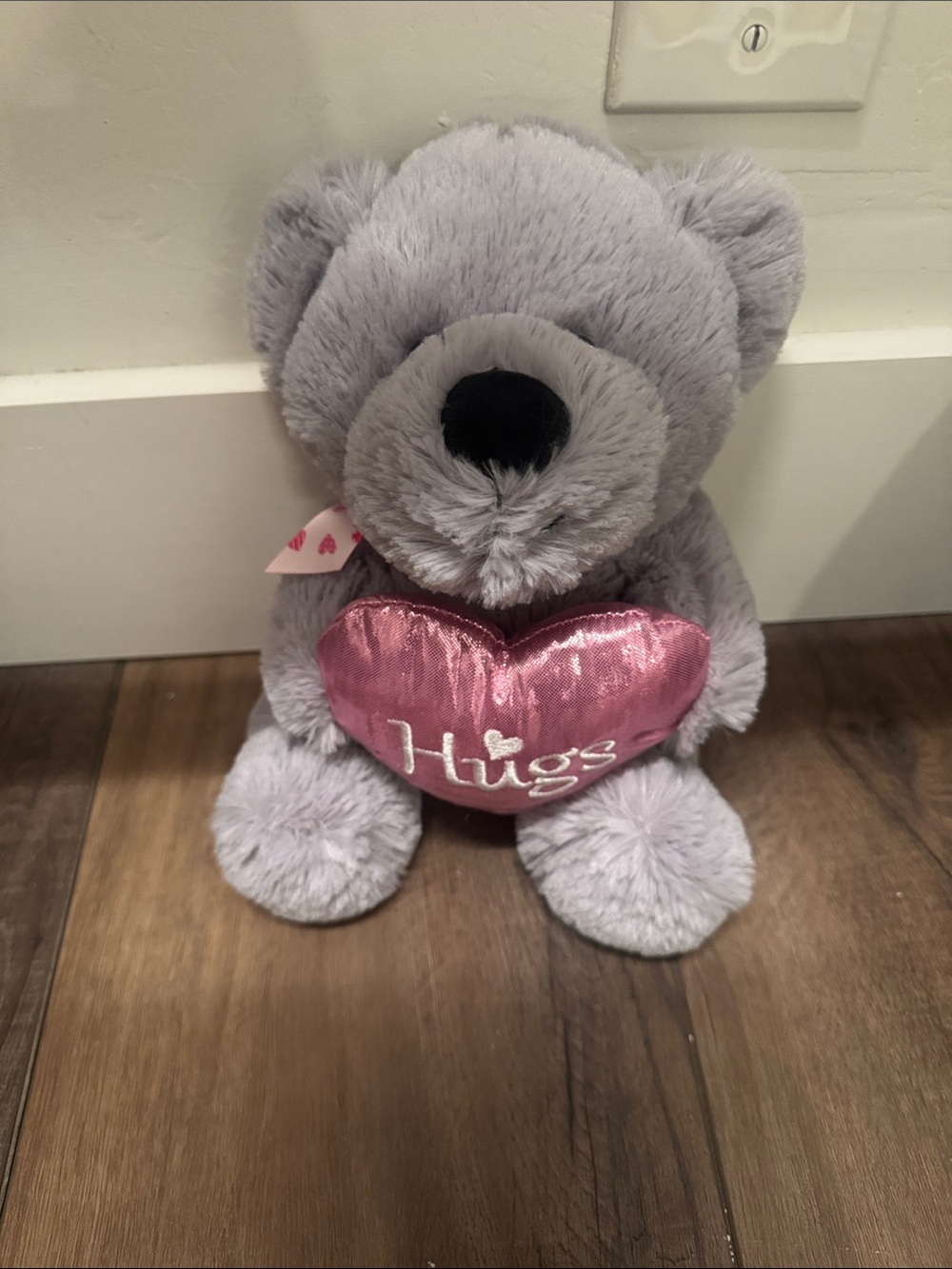 Plush Gray Teddy Bear Holding Pink 'Hugs' Heart - Soft Kids Stuffed Animal